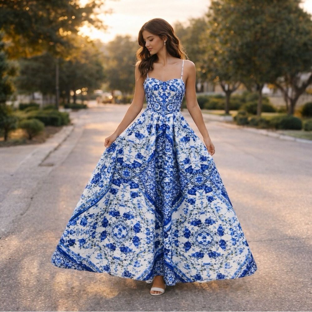 Blue & White Porcelain Print Fit & Flare Dress Size 9 Prom Wedding Guest